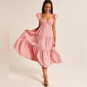 Abercrombie & Fitch Ruffle Sleeve Poplin Midaxi Dress in pink
